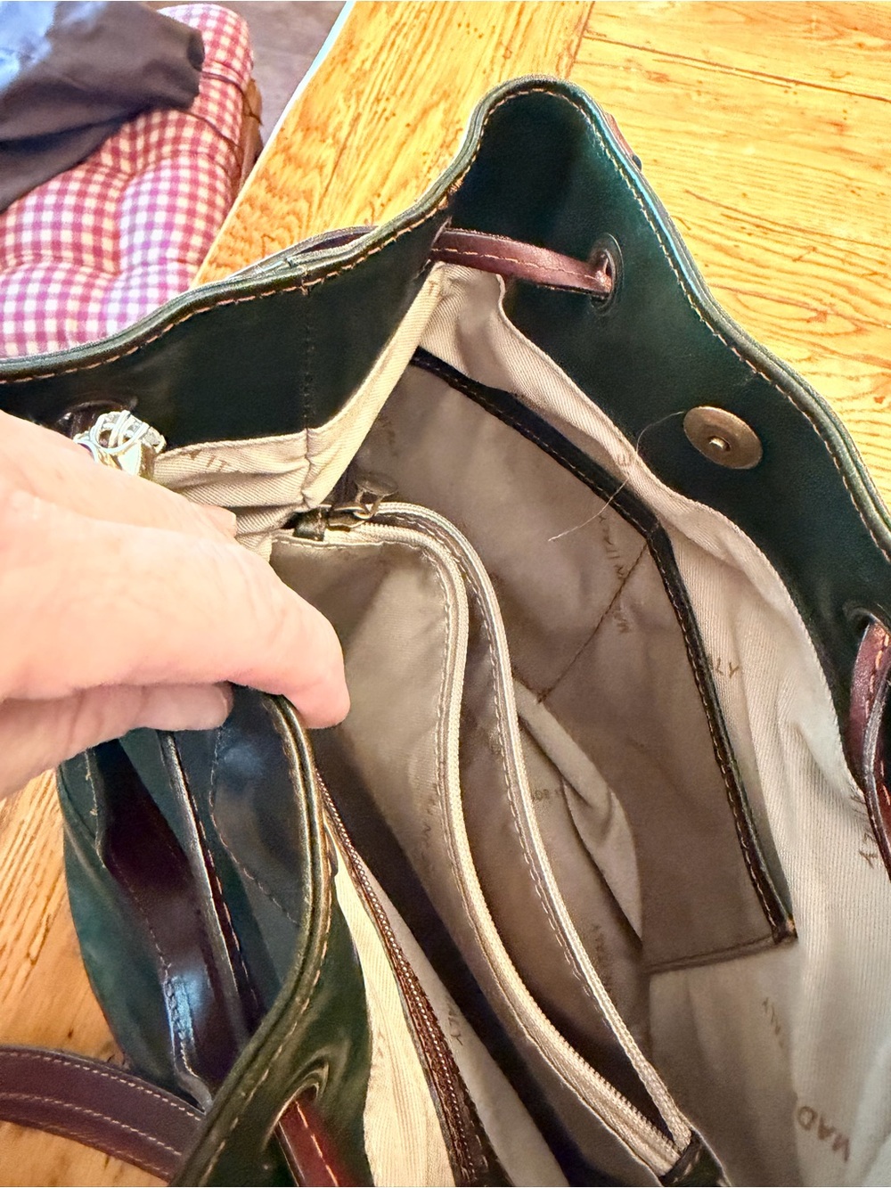 Time Resistance Green Italian Leather Drawstring Bucket Bag with Brown Trim - Picture 10 of 15